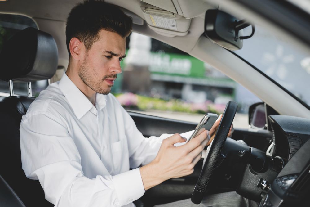 Motorista jovem mexendo no celular